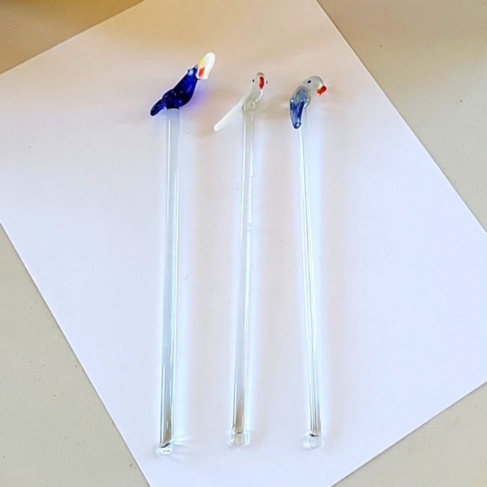 Three Glass Bird Stirrers Swizzle Sticks